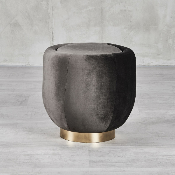 Pouf Sitzhocker Fibala mit Samt-Bezug in Night Grey Durchmesser 43 cm Höhe 44 cm Hocker-Fuß aus goldfarben galvanisiertem Eisen