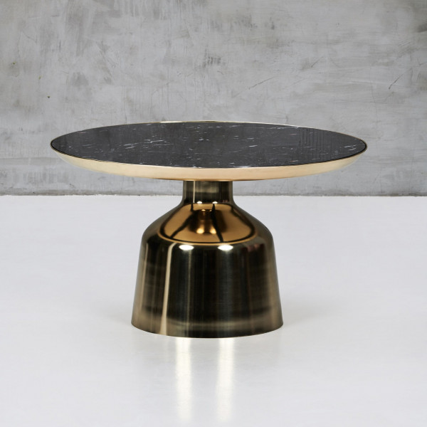 Couchtisch Gajetta Farbe Gold und Schwarz Durchmesser 80 cm Höhe 45 cm Fuß aus galvanisiertem Eisen Tischplatte aus Spiegelglas mit Marmordruck 